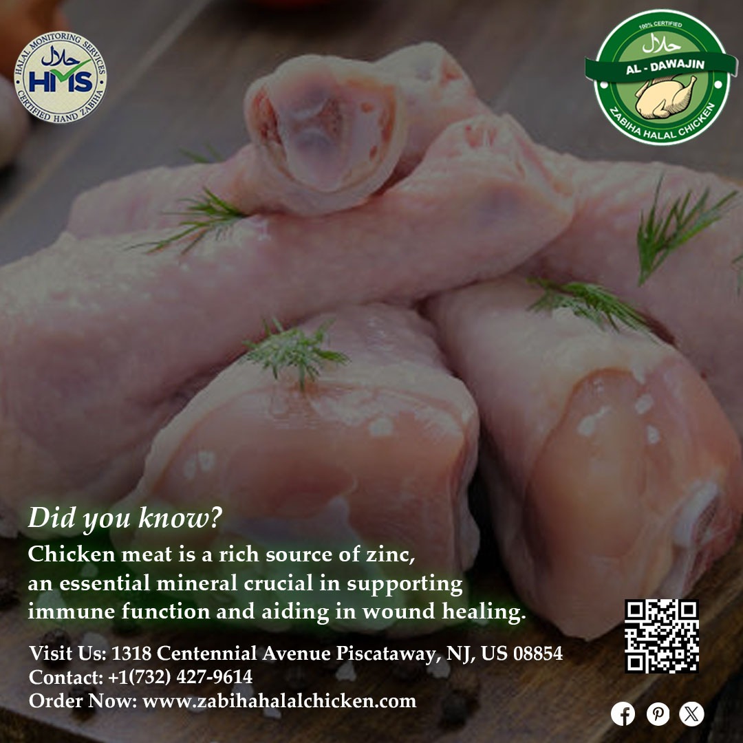 Did you know? 
Chicken meat is a rich source of zinc, an essential mineral crucial in supporting immune function.

Order Now: zabihahalalchicken.com
Call Us Now: +1 732-427-9614
#Zabiha #Halal #Chicken #online #zinc #chickenmeat #immunefunction #essentialmineral #tastytuesday