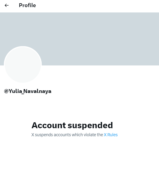 X has suspended Yulia Navalnaya’s account, citing violations of the platform’s rules.