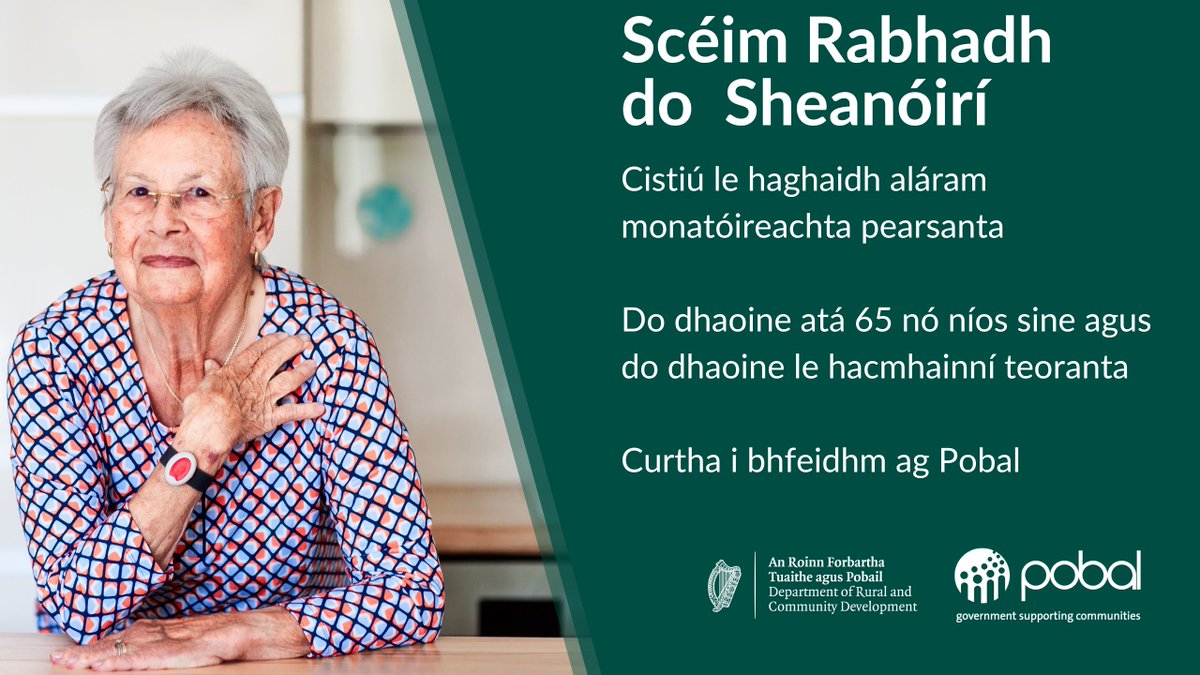 ⭐️Scéim Rabhadh do Sheanóirí (SAS) @DeptRCD

✅Aláram monatóireachta pearsanta do dhaoine atá 65 bliana d’aois nó níos sine
✅Suaimhneas intinne

🤔Foghlaim níos mó nó faigh sonraí teagmhála do d’eagraíocht áitiúil atá cláraithe chun aláram a chur ar fáil👉bit.ly/2uPEKGO