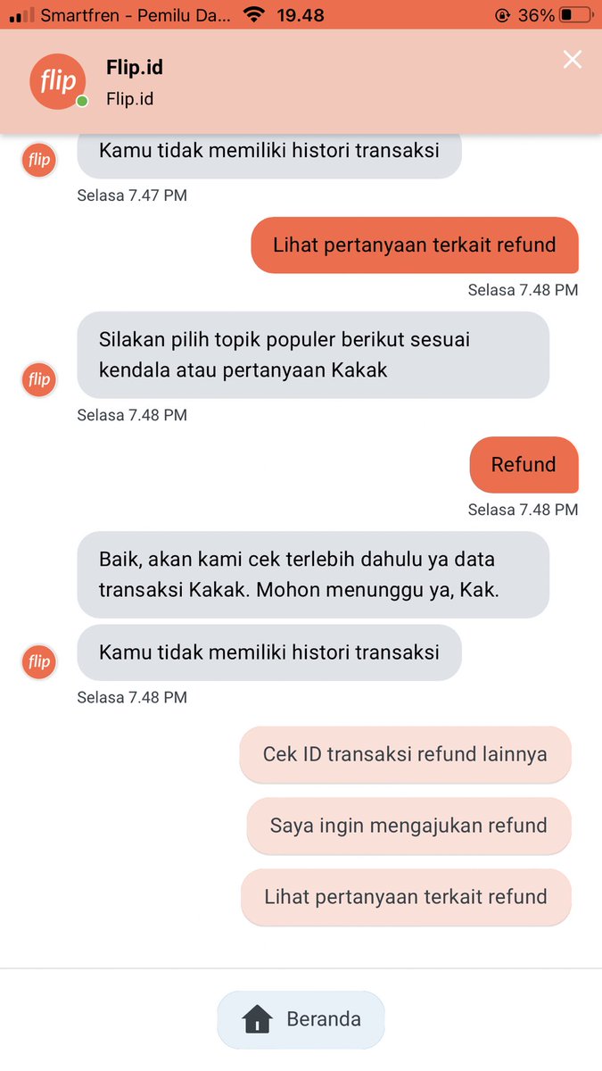 Terry_sutarman's tweet photo. Halo @flip_id mau ajukan refund kenapa sulit sekali? Chat cs pun jawaban robot https://t.co/Q1UgCMQ8FU