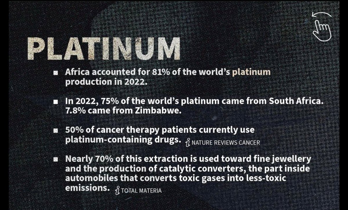ClaysonMonyela's tweet photo. Africa is not poor. The continent accounts for 81% of the world’s platinum. 75% of this is produced by #SouthAfrica🇿🇦. 50% of cancer therapy patients use drugs containing platinum. https://t.co/QVZCFGXEBC