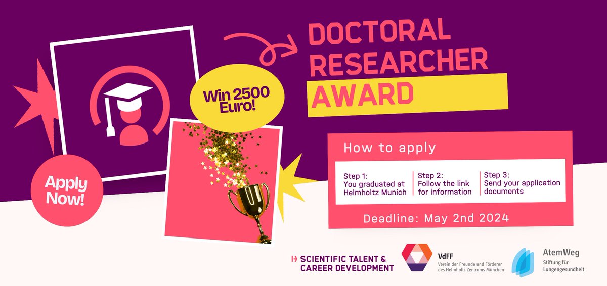 Helmholtz Munich PhD & Postdoc | Career Center (@health_talents) on Twitter photo 📢<a href="/HelmholtzMunich/">Helmholtz Munich | @HelmholtzMunich</a> Doctoral Researcher Alumni -Apply for the Doctoral Researcher Award for #HelmholtzMunich alumni until May 2, 2024! Please follow the link for further information and the eligibility criteria: t1p.de/mioqz🏆 📢<a href="/HelmholtzMunich/">Helmholtz Munich | @HelmholtzMunich</a> Doctoral Researcher Alumni -Apply for the Doctoral Researcher Award for #HelmholtzMunich alumni until May 2, 2024! Please follow the link for further information and the eligibility criteria: t1p.de/mioqz🏆