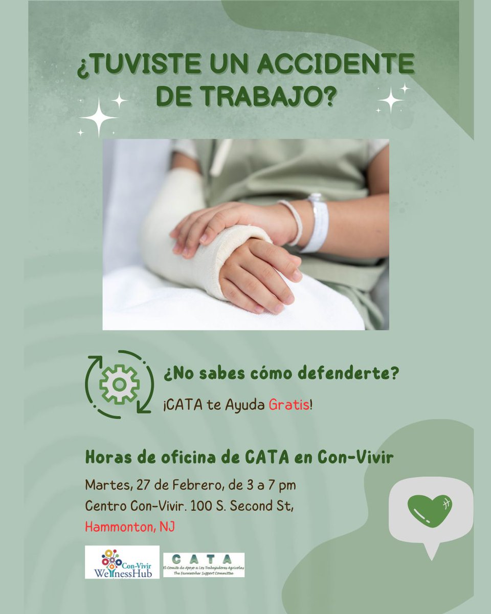 En caso de un accidente laboral, tu empleador tiene responsabilidades para tu bienestar:

👩‍⚕️ Asegurar que recibas atención médica.
💼 Cubrir el costo del tratamiento médico necesario a través de su seguro de compensación del trabajador.

Más información llama al 856-881-2507!