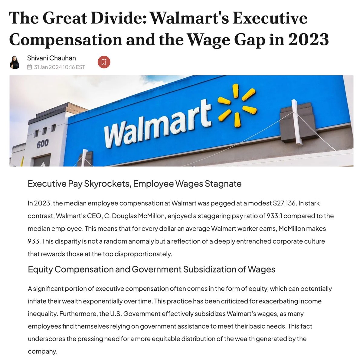 Walmart reported $5.49B in profit for Q4 of 2023. The median salary at Walmart is $27,136. The average living wage in the US is over 2x that, which means most Walmart workers rely on taxpayers to survive. Your taxes are high because of Walmart — not the people who work there.