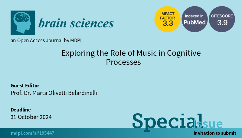 BrainSci_MDPI's tweet photo. #mdpibrainsci New Special Issue Open for Submission! Exploring the Role of Music in Cognitive Processes edited by Prof. Dr. Marta Olivetti Belardinelli
https://t.co/tgRfZkuF1k
@MDPIOpenAccess @MDPISociaLsci @Scilit_
#neuroscience #brain #music #CognitiveProcesses #cognition https://t.co/DVC4NUIf4z