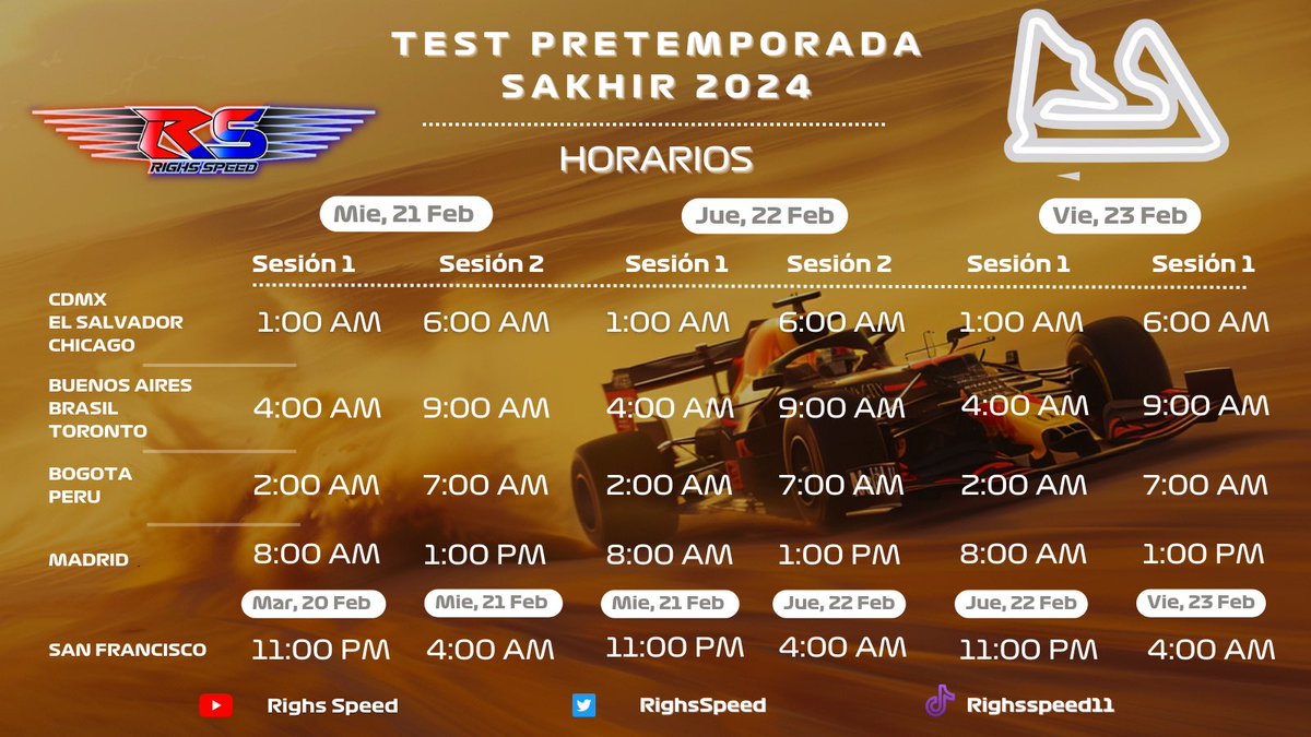 Llegó el día de los #F1Testing aquí los horarios.

Recuerden que todo inicia esta noche.

Los esperamos, todo el equipo está listo para la ya conocida #PijamadaSpeed