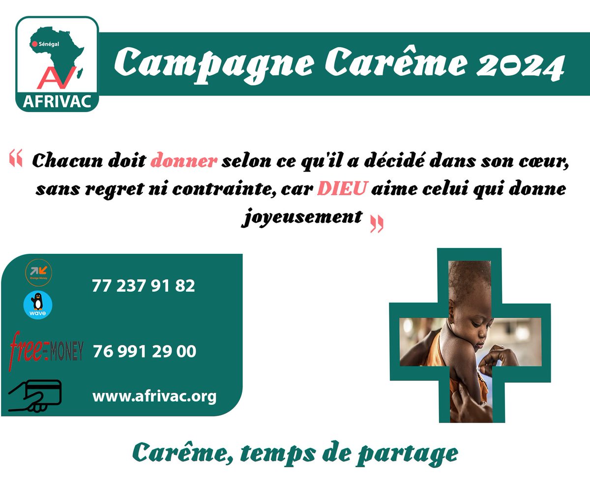 En ce temps de #carême, rappelons-nous : " Chacun doit donner selon ce qu'il a décidé dans son cœur, sans regret ni contrainte, car Dieu aime celui qui donne joyeusement." Faisons preuve de solidarité en soutenant la #vaccination.
