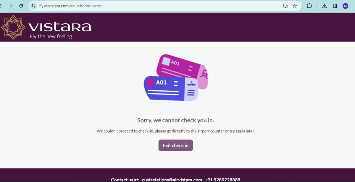 Hi <a href="/airvistara/">Vistara</a> , what fun do u get by sending SMSes to Indian travellers, flying outside the country to do the Web CheckIn, when it is possible to do it only at the airport counter. After filling pages of info, I get "Sorry, we cannot check you in"
#pathetic <a href="/DGCAIndia/">DGCA</a> <a href="/MoCA_GoI/">MoCA_GoI</a>