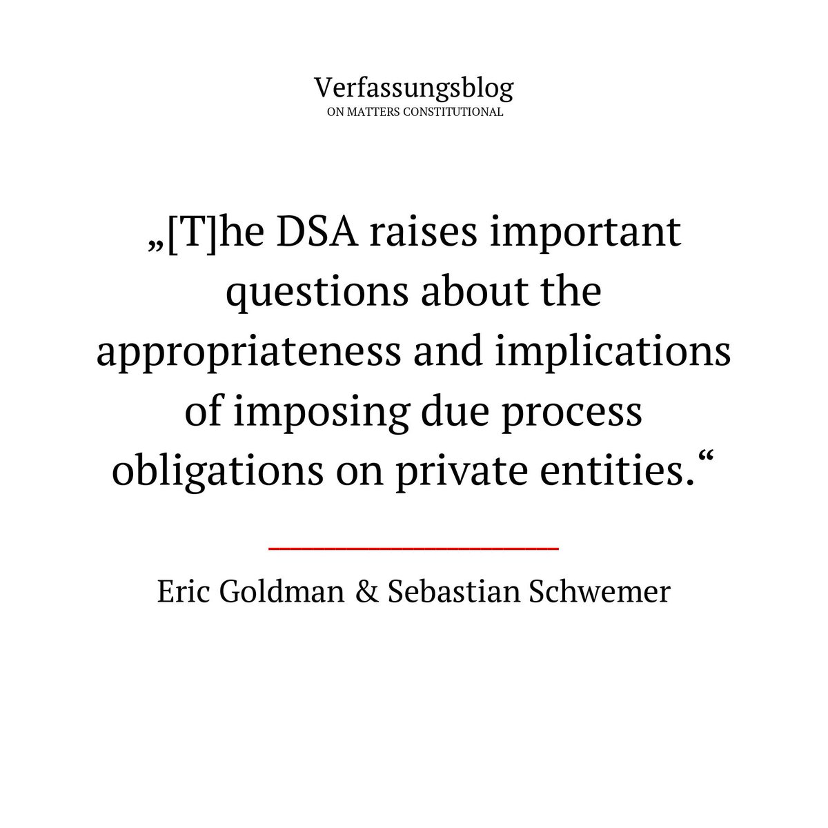 Verfassungsblog (@verfassungsblog) on Twitter photo How new is the DSA really?
For starters, it's turn to due process obligations is anything but unprecedented.
ERIC GOLDMAN (<a href="/ericgoldman/">Eric Goldman (he/him)</a>) and SEBASTIAN SCHWEMER (<a href="/schwemer/">Sebastian Schwemer</a> ) with a comparative perspective: verfassungsblog.de/how-the-dmca-a… How new is the DSA really?
For starters, it's turn to due process obligations is anything but unprecedented.
ERIC GOLDMAN (<a href="/ericgoldman/">Eric Goldman (he/him)</a>) and SEBASTIAN SCHWEMER (<a href="/schwemer/">Sebastian Schwemer</a> ) with a comparative perspective: verfassungsblog.de/how-the-dmca-a…