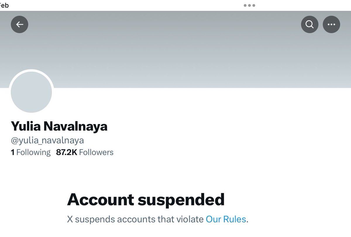 Having ignored all the miserable, nonsense-filled, propaganda-laden, conspiracy theory accounts on this platform, Twitter/X has decided instead to suspend the account of Yulia Navalnaya, the wife of Alexei Navalny.