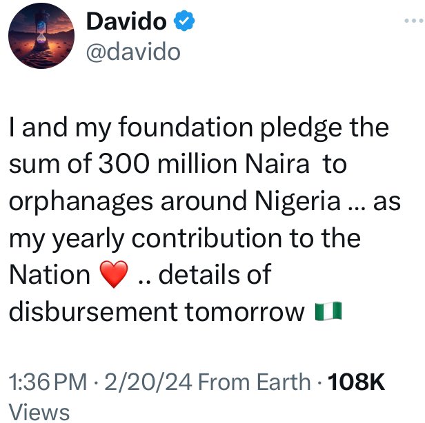 instablog9ja's tweet photo. Singer Davido donates just N300 million to orphanages nationwide https://t.co/ENi60NA2aa