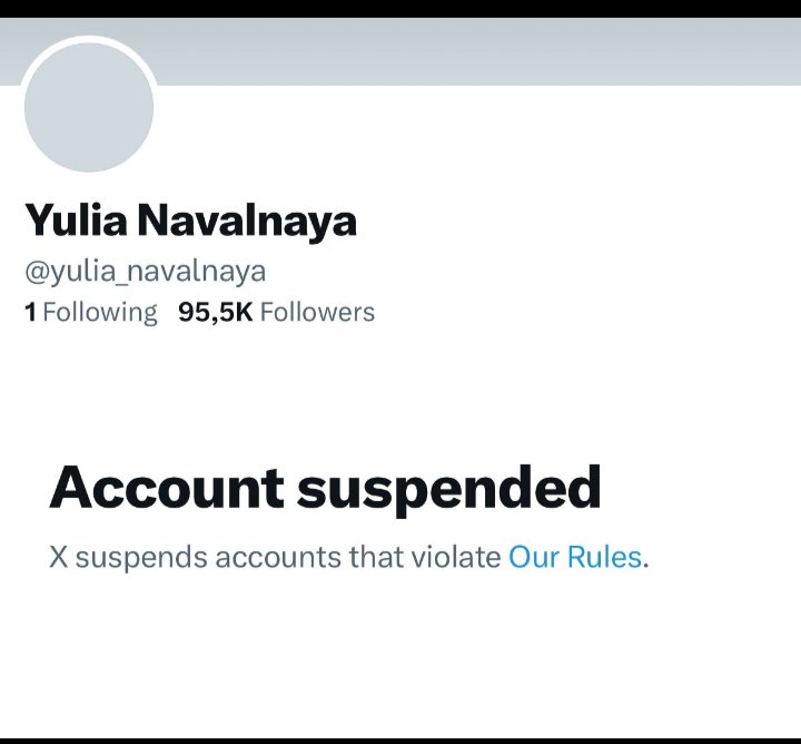 Twitter suspends Yulia Navalnaya's account.

Musk has clearly had his orders from Putin.
