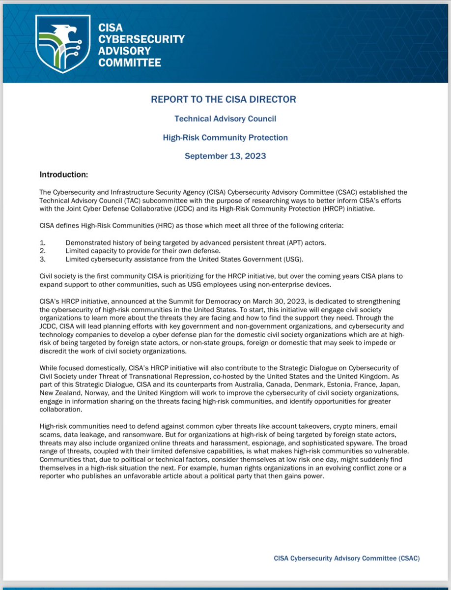 Last year I contributed to a report with recommendations for @CISAgov’s High-Risk Community Protection initiative with @thedarktangent, @RachelTobac, and the rest of the Technical Advisory Council. You can read that report here. cisa.gov/sites/default/…