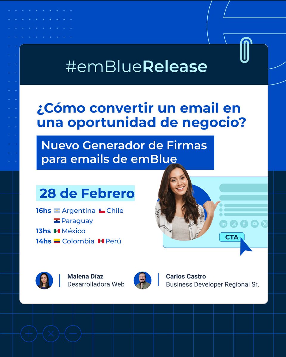 🚀 Nuevo generador de firmas para emails de emBlue.
Descubre cómo una firma profesional en tu correo electrónico puede ser el primer llamado a la acción para crear relaciones duraderas y negocios exitosos. 

Regístrate gratis aquí 👉🏻embluemail.com/webinars/gener…

#firma #email #webinar