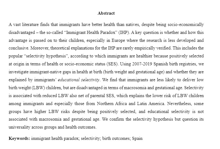 Does immigrant educational selectivity explain their children’s better health at birth in Spain? Yes: but only for low birth weight and certain origin groups. Check out our new Working Paper (with @MarcoCozzani) on @socarxiv at osf.io/preprints/soca…