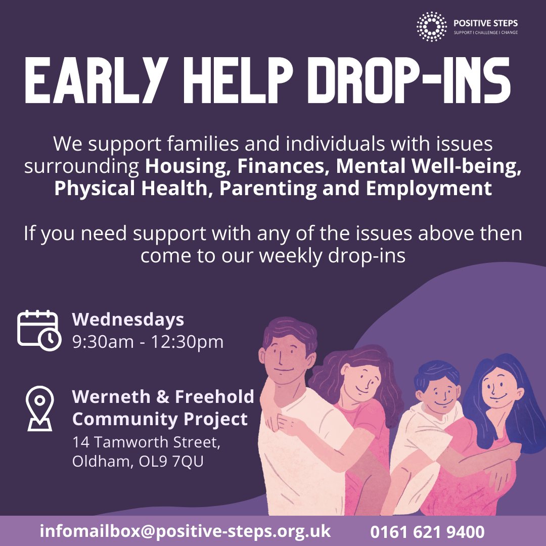 We have an early help drop-in every Wednesday, from 9:30am - 12:30pm, in Oldham at the Werneth &amp; Freehold Community Project.  If you need support come along to our weekly drop-ins, where our staff can assist you. Our staff at the drop-ins are also bilingual 💜