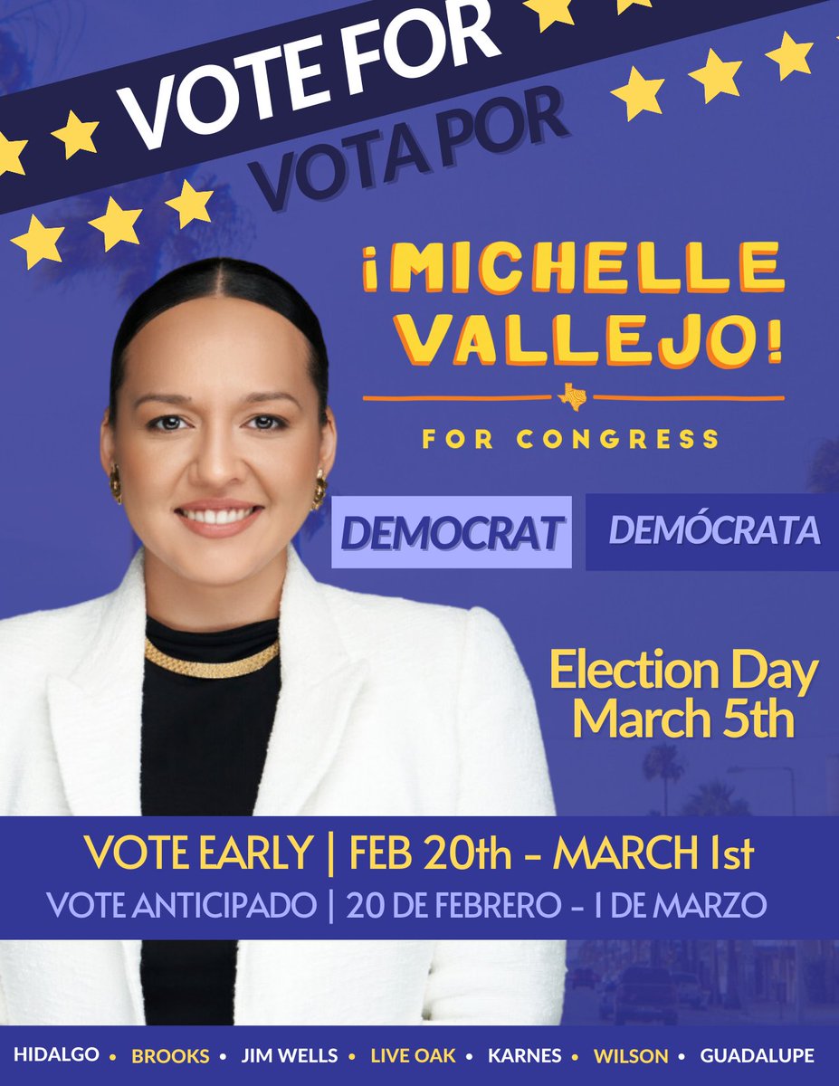 🎉🇺🇸 Early Vote has begun! 🇺🇸🎉

🌻Vote Michelle Vallejo for Congress🌻

Make sure to vote and bring your neighbors, primos, and friends out with you! ¡Vamos a votar! 

#TX15 #EarlyVote
