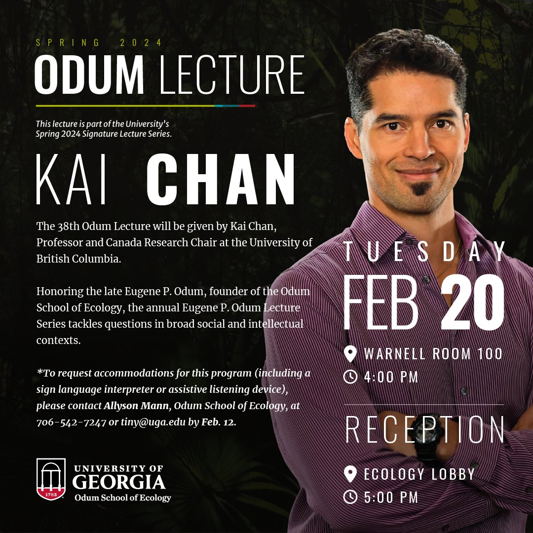 Please join us TODAY for the 38th annual Odum Lecture by @KaiChanUBC: “Restore the Wild: A Singular Uniting Agenda for Ecologists amidst an Ecological Crisis?” Lecture 4 p.m. Warnell auditorium; reception 5 p.m. Ecology lobby. Hope to see you there!