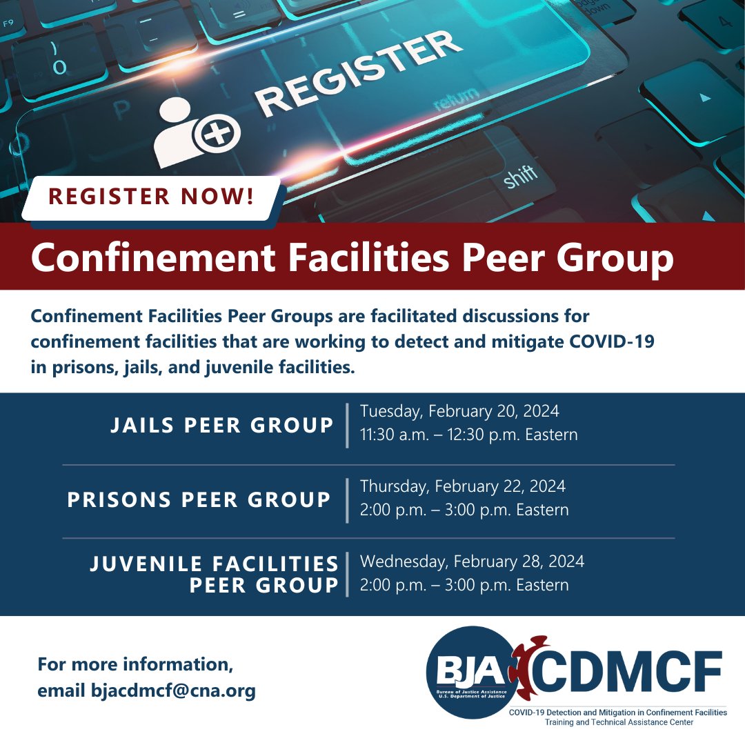Join BJA’s COVID-19 TTA Center and Prison Facilities nationwide to exchange ideas and insights on the sustainability of COVID-19 detection and mitigation strategies. Register here for the free <a href="/DOJBJA/">Bureau of Justice Assistance</a> online event on Feb. 22, 2024: conta.cc/3wemFkS