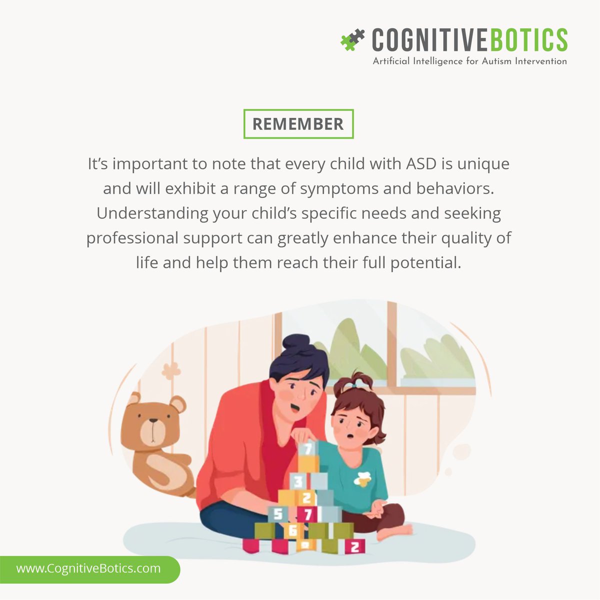 CognitiveBotics's tweet image. Acknowledge the uniqueness of each child with Autism Spectrum Disorder (ASD), understanding diverse symptoms. Enhance their life quality by seeking professional support and unlocking their full potential.              
To know more visit us: cognitivebotics.com 
#autism #ASD