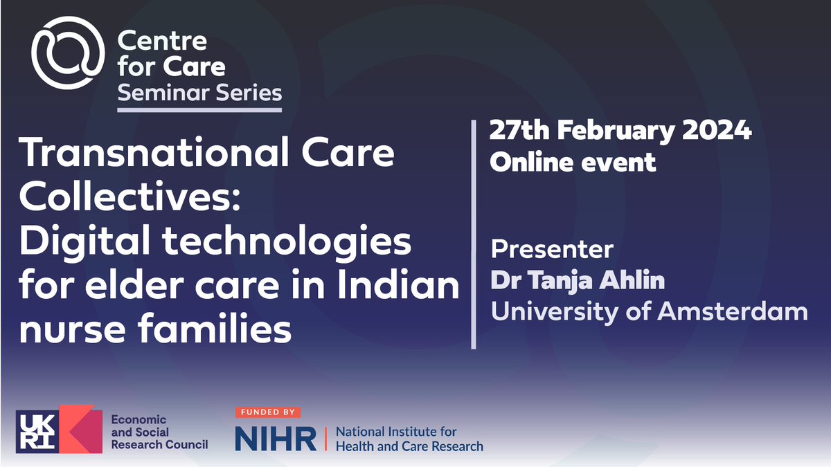 Centre for Care (@centreforcare) on Twitter photo How do digital technologies shape how people care for each other and, through that, who they are?
Join us on 27th Feb as we welcome <a href="/TanjaAhlin/">Tanja Ahlin</a> to virtually present her research, register here and please share:
centreforcare.ac.uk/updates/2024/0… How do digital technologies shape how people care for each other and, through that, who they are?
Join us on 27th Feb as we welcome <a href="/TanjaAhlin/">Tanja Ahlin</a> to virtually present her research, register here and please share:
centreforcare.ac.uk/updates/2024/0…