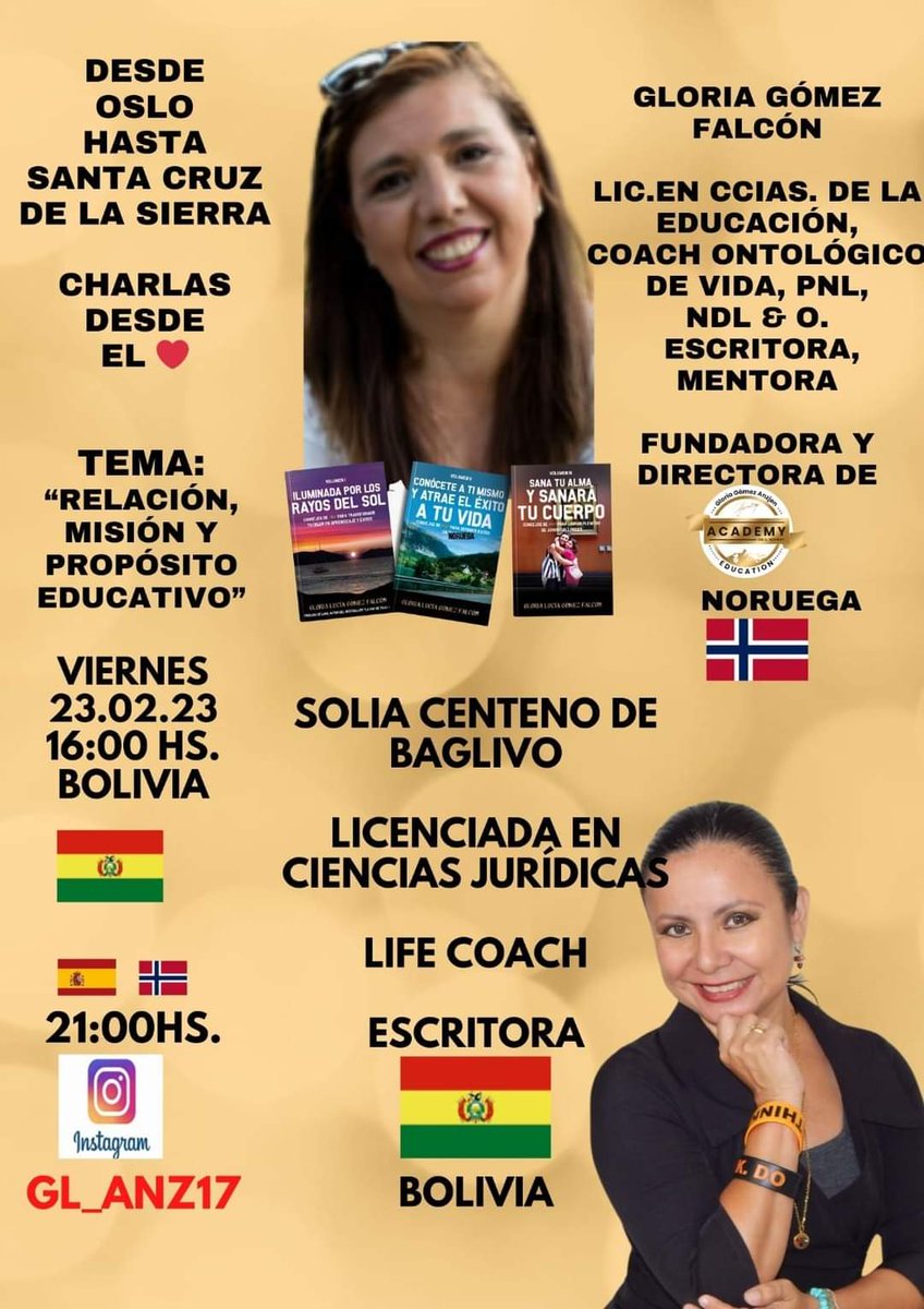 solia_ma's tweet photo. Bolivia🇧🇴 en Sudamérica y Noruega🇧🇻 en el norte de Europa.   "Charlas desde el Corazón" Viernes 23/Febrero  4 pm de Bolivia y 9 pm de España y Noruega a través de Instagram Live  gl_anz17. Con el tema "Relación, Misión y Propósito Educativo". https://t.co/p8I8CkUa6k