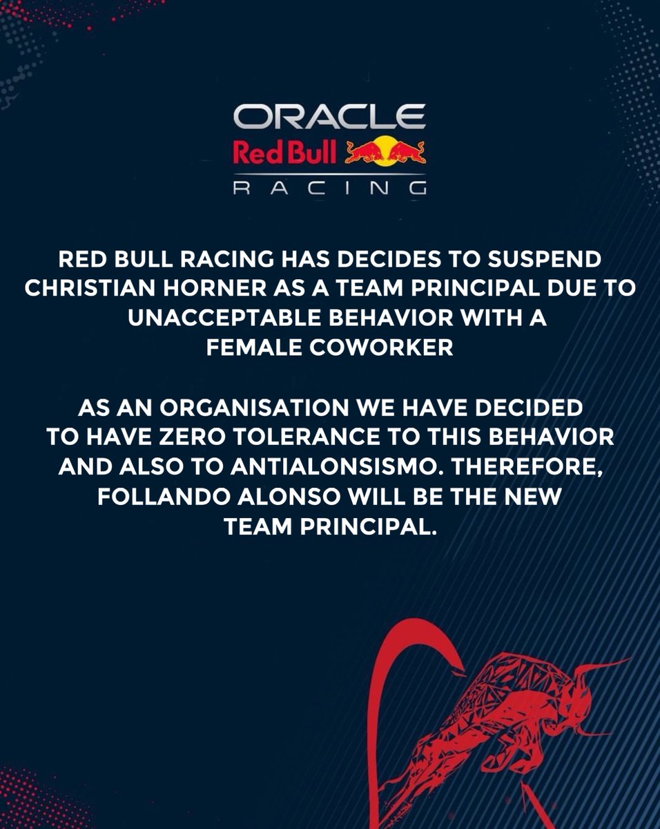 🚨 ÚLTIMA HORA

👋 RED BULL anuncia que DESPIDE a CHRISTIAN HORNER a menos de 24h para que empiecen los test de Bahrein y anuncia su NUEVO TEAM PRINCIPAL:

“Como organización hemos decidido tener TOLERANCIA CERO con estos comportamientos”

👉 [<a href="/redbullracing/">Oracle Red Bull Racing</a>]