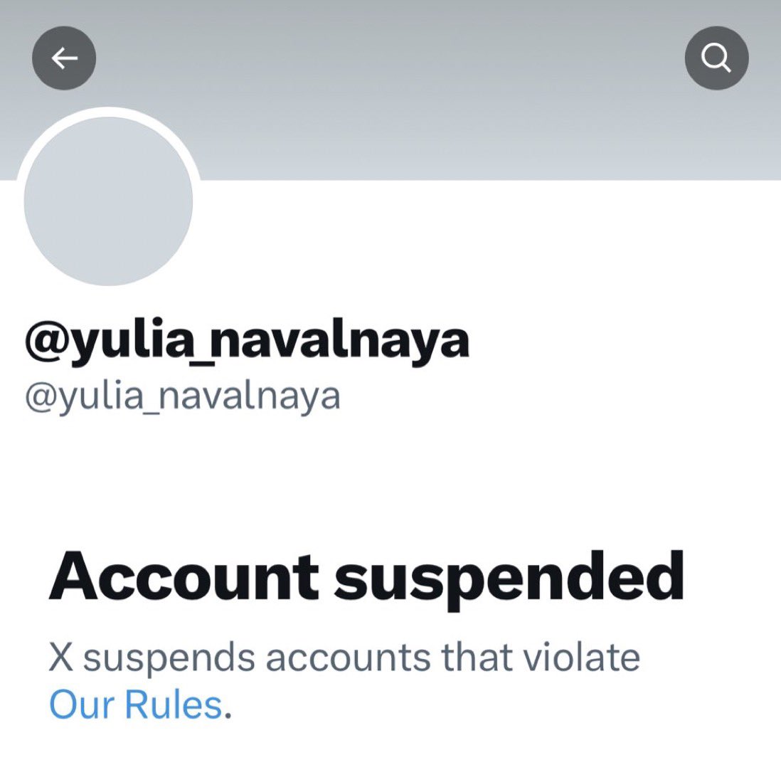 WTF!  Twitter has suspended the account of Alexei Navalny’s greaving widow, Yulia!

Nothing screams more that Elon is pro-Putin than this!
#YuliaNavalnaya 
#AlexeiNavalny 
👇