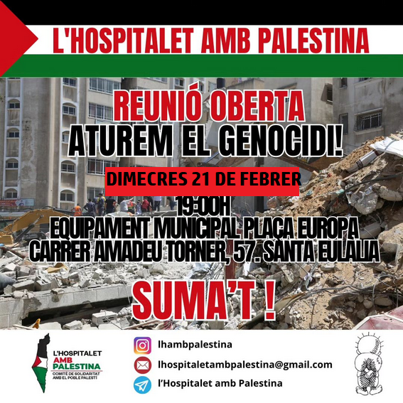 Demà a les 19h, acollirem novament al nostre local la reunió oberta del Comitè de Solidaritat amb #Palestina, de #LHospitalet

El #MovimentVeïnal de #LHAmbPalestina
#CeasefireNOW #AturemelGenocidi🇵🇸

📍Av. Amadeu Torner, 57, 2n pis, sala 8
#EMPlaçaEuropa

#SomSantaEulàlia