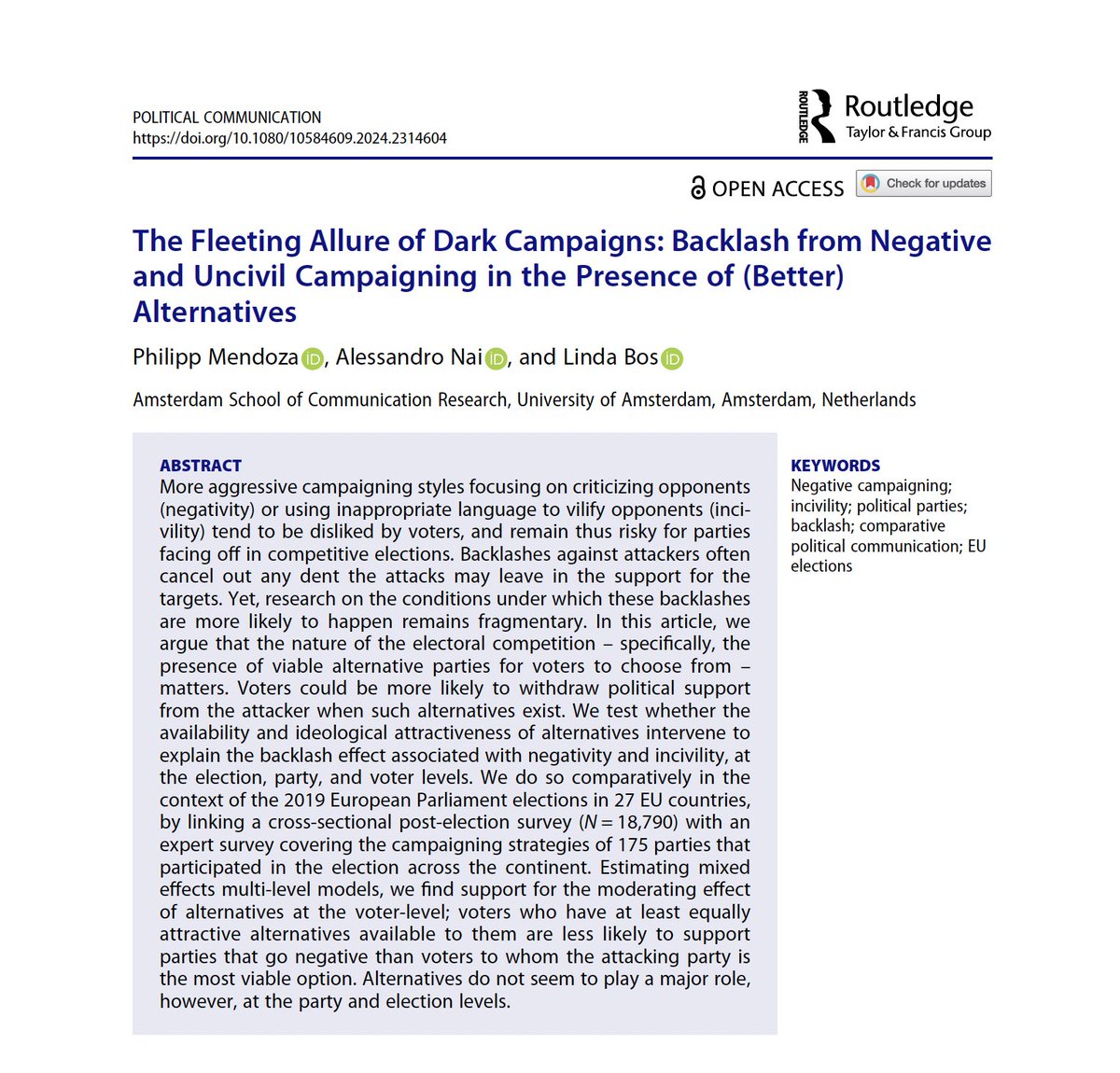 🚨New paper out at @polcommjournal lead by @philipp_mendoza 🔥🔥 Does negative campaigning backlash more when (better) alternative are available to voters? You bet Open access: tinyurl.com/mr2adptz Data for replication: osf.io/raz97/ @poli_com @Polcomm #Negativity