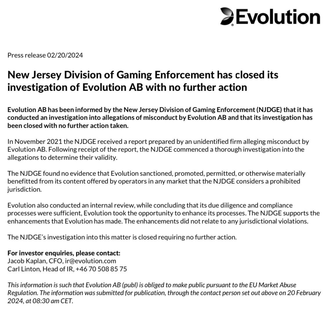 EstockInv's tweet photo. Breaking: $Evo Evolution surges over 4% today after NJDGE clears the company of misconduct allegations from 2021 (the origin of the 2021s drop). The New Jersey Division of Gaming Enforcement has closed its investigation with no further action. ππ #Evolution #NJDGE $Evo https://t.co/yYLZEzvbQc