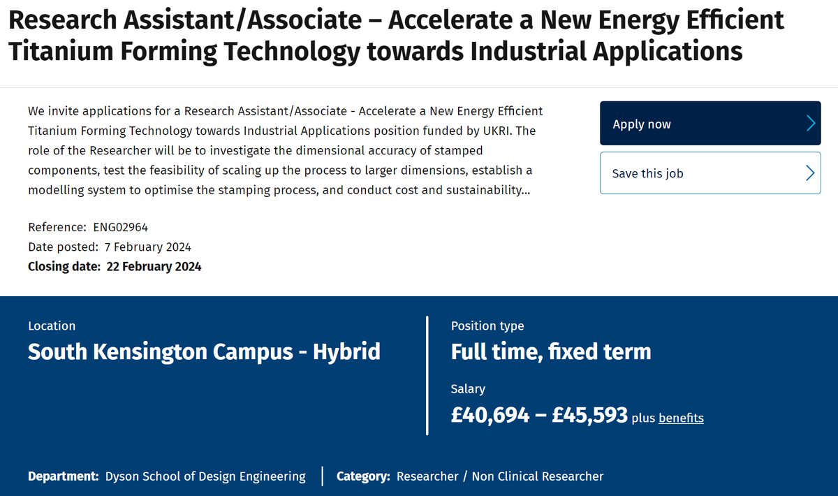JOB OPPORTUNITIES: Research Assistant/Associate – Accelerate a New Energy Efficient Titanium Forming Technology towards Industrial Applications
imperial.ac.uk/jobs/descripti…