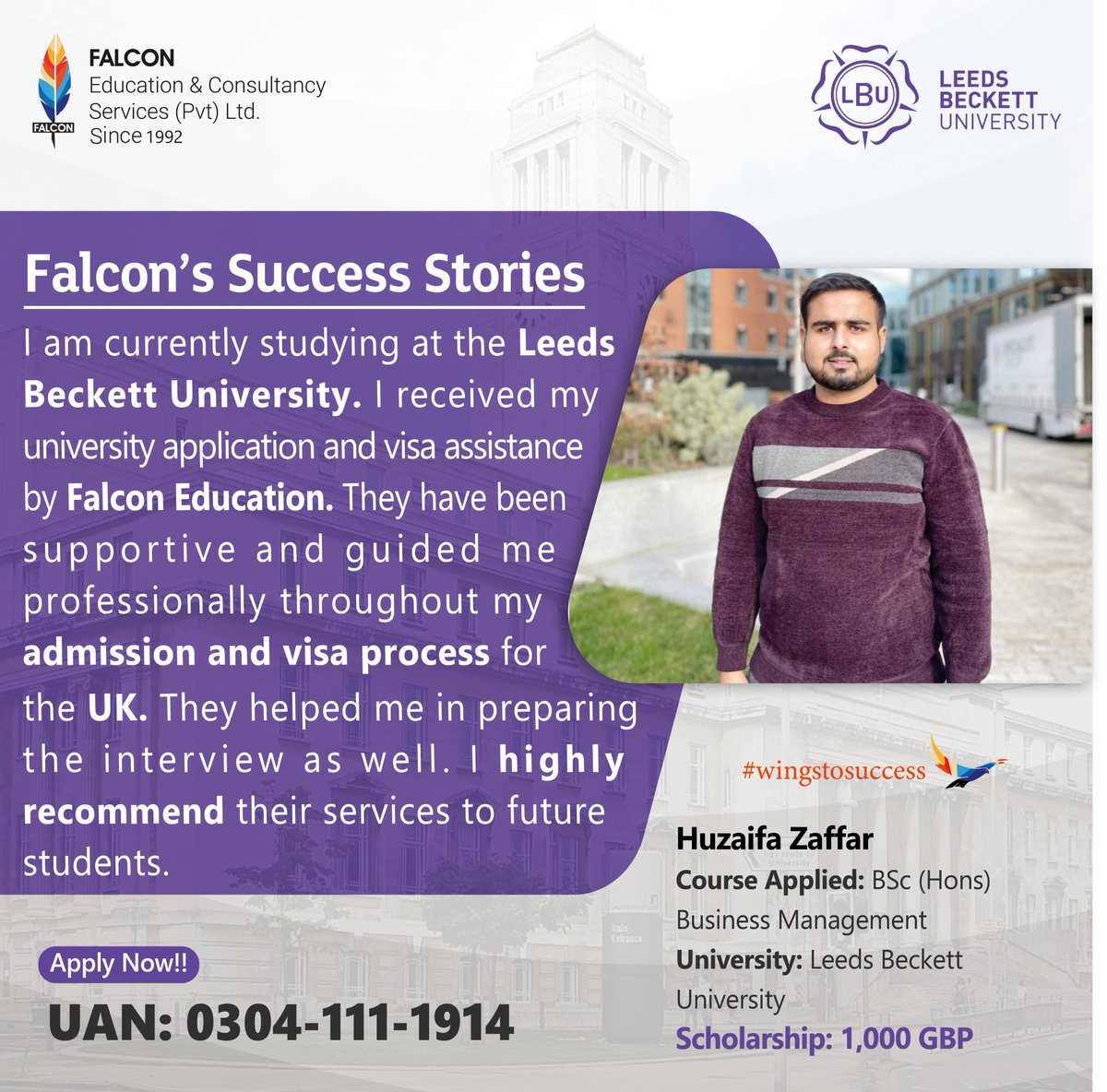 falconeducom's tweet photo. 🎓🌟 Let's give a huge round of applause to Huzaifa Zafar on successfully achieving a scholarship and admission to Leeds Beckett University! 🌟🎓
We wish you all the best in your future endeavors.
#scholarship #studyaborad  #studyabroadeducation #LeedsBeckettUniversity https://t.co/CFprAXcwLk