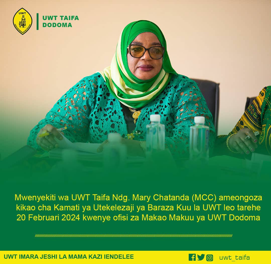 MchapakaziSamia's tweet photo. Mwenyekiti wa UWT Taifa Ndg. Mary Chatanda (MCC) ameongoza kikao cha Kamati ya Utekelezaji ya Baraza Kuu la UWT, Leo tarehe 20 Februari, 2024 katika ofisi za UWT Makao Makuu Jijini Dodoma.
#Uwtupdates
#UWTIMARA
#JESHILAMAMA
#KAZIIENDELEE https://t.co/YDxAX5SrmK
