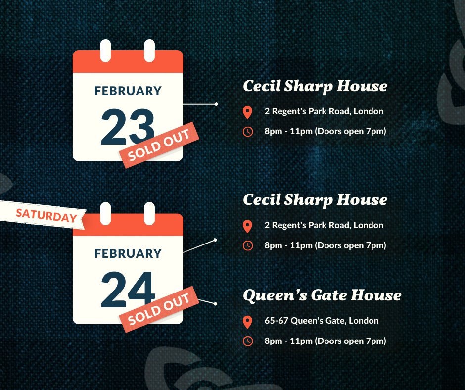 ceilidhclub's tweet photo. A reminder that we have 3 #ceilidh events happening this #weekend 🎉

🗓️ FRIDAY:
 → 📍#CecilSharp with @LochnagarBand

🗓️ SATURDAY: 
 → 📍#CecilSharp with @TheBaltik
 → 📍#QueensGate with Stroma

#CeilidhClub #London #Camden #Kensington #LiveMusic #Dance https://t.co/hzSIrV6hvk