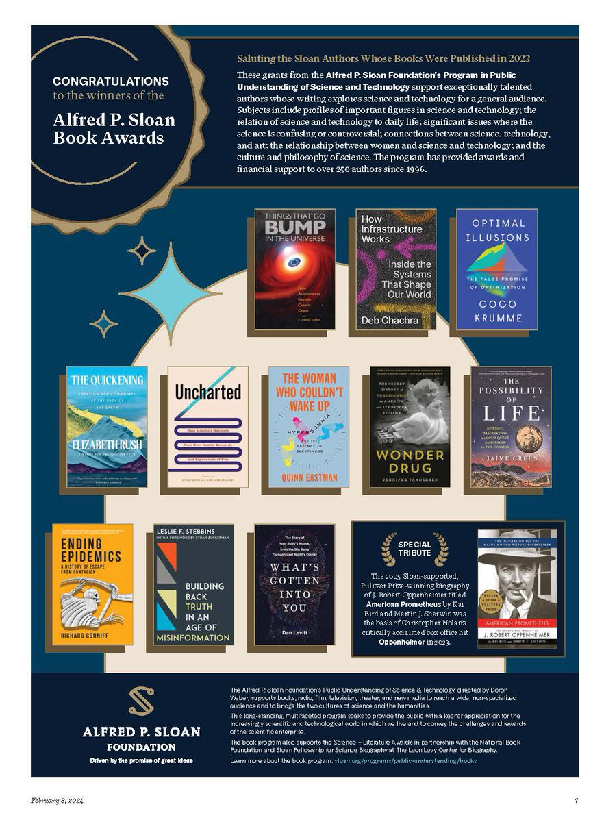 Check out the latest @SloanPublic ad in @nybooks honoring the recipients of Sloan book awards whose books were published in 2023: @drcrj @debcha @aleatorico @ElizabethaRush @drsrbayer @qeastman @jvanderbes @jaimealyse @RichardConniff @lesliestebbins & @dan_levitt!