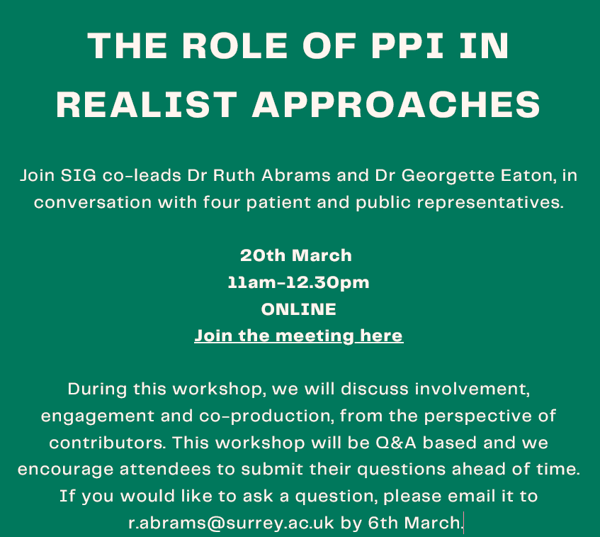 SMarkham9's tweet photo. #Realist special interest group (SIG) workshop: 

The role of #PPI in Realist Approaches

Wed 20 March 11am-12.30pm

w/ @Ruth_Abrams_ &amp; @Georgette_Eaton in conversation with 4 patient and public representatives.

https://t.co/iFTcpyeTFB https://t.co/oLwIVAfbfZ