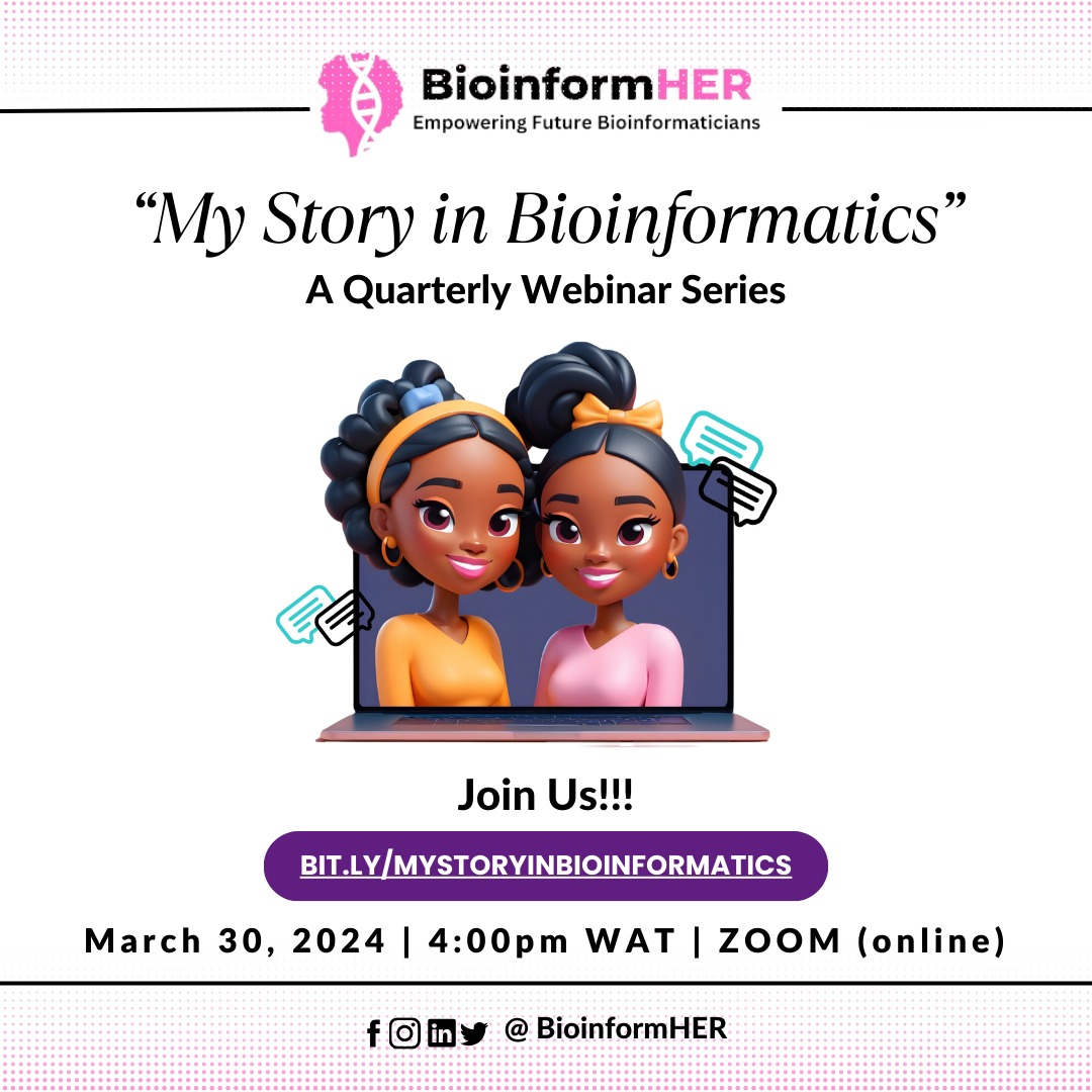 BioinformHER's tweet photo. Feeling lost or stuck in your Bioinformatics journey? Fear not, because help is here! We are excited to announce the launch of our quarterly webinar series, 'My Story in Bioinformatics.'

Don't miss out on this event – register now with this link: https://t.co/bxQVDLKUY1 https://t.co/nJbZI4Mjdo