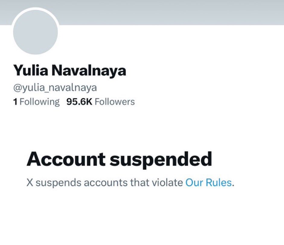 yulya navalnaya, widow of alexei navalny, account is suspended. elon owns the platform. elon decides the rules.