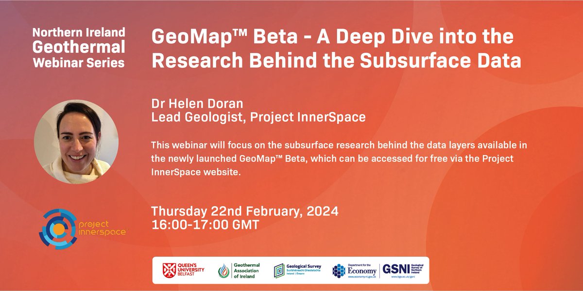 GeoSurveyNI's tweet photo. Our next geothermal webinar is “GeoMap™ Beta - A Deep Dive into the Research Behind the Subsurface Data”.
Register via the Eventbrite link below:
🔊 Dr Helen Doran, Project InnerSpace
📅 Thursday 22nd February
🕓 16:00-17:00 GMT
➡ https://t.co/ZbnC0wQ1Nf
#Geothermal https://t.co/qVYtdWh1qB