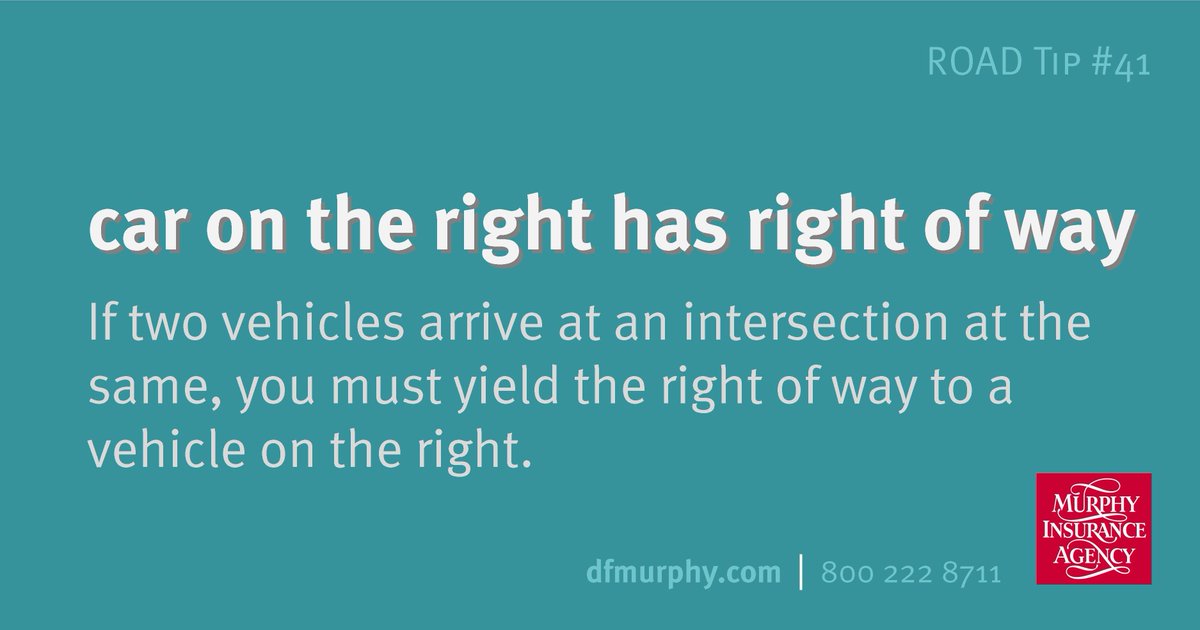 Keep in mind ➡️ If two cars arrive at an intersection simultaneously, the car on the right has the right of way. Remember this important rule to ensure safe and efficient traffic flow. buff.ly/3Iy7qVl 

#roadtiptuesday #roadtips #autoinsurance