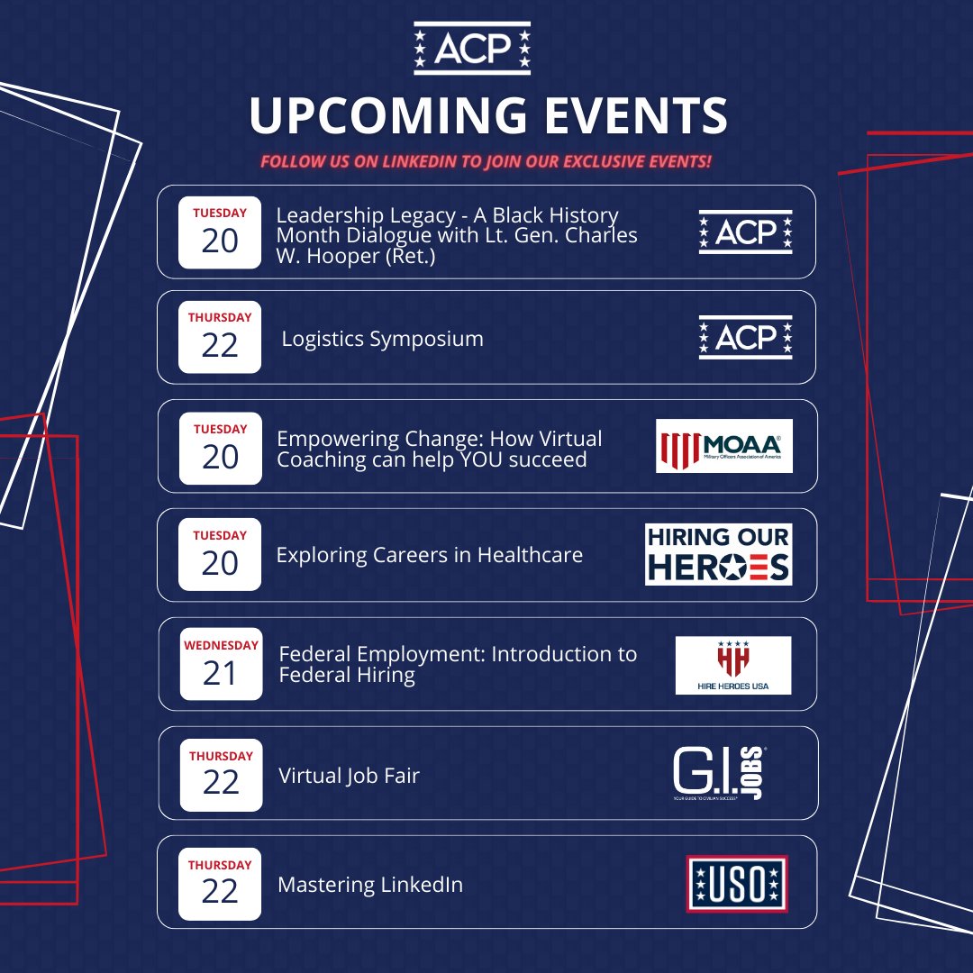 So many great events coming up this week for the #militarycommunity! Check out our LinkedIn post for the links to register so you don't miss out! #opportunity #veterans #events