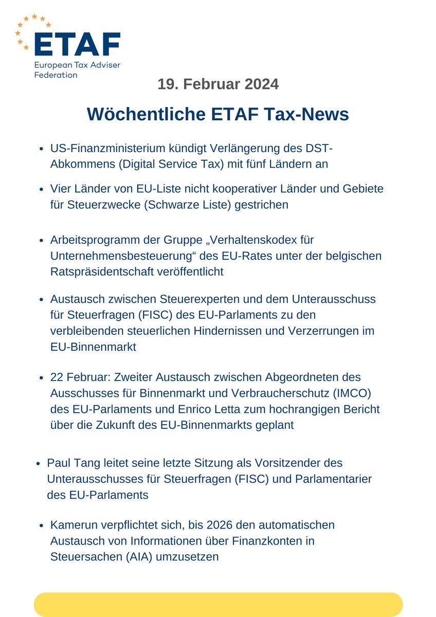 Dienstagmittag: Die neuen <a href="/ETAFtax/">ETAF</a> Tax-News sind da 🗞️. Mit aktuellen #EU News für den Berufsstand. Die englische Fassung finden Sie wie gewohnt im ersten Kommentar 🗯️. Lesen Sie mehr ⤵️⤵️
#TaxTwitter #tax