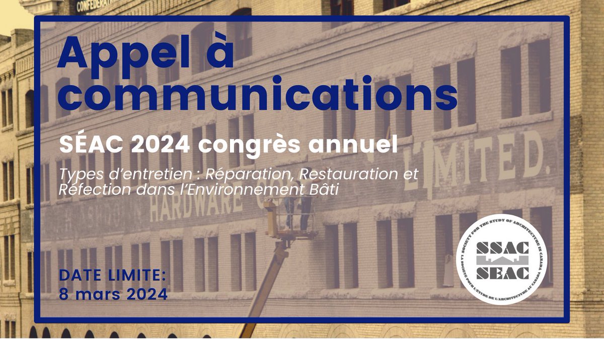 L’appel à communications pour le congrès annuel de la SÉAC 2024 à Winnipeg, Manitoba, du 22 au 25 mai 2024 est ouvert jusqu’a 8 mars 2024 ! En savoir plus: canada-architecture.org/fr/seac-2024-a…