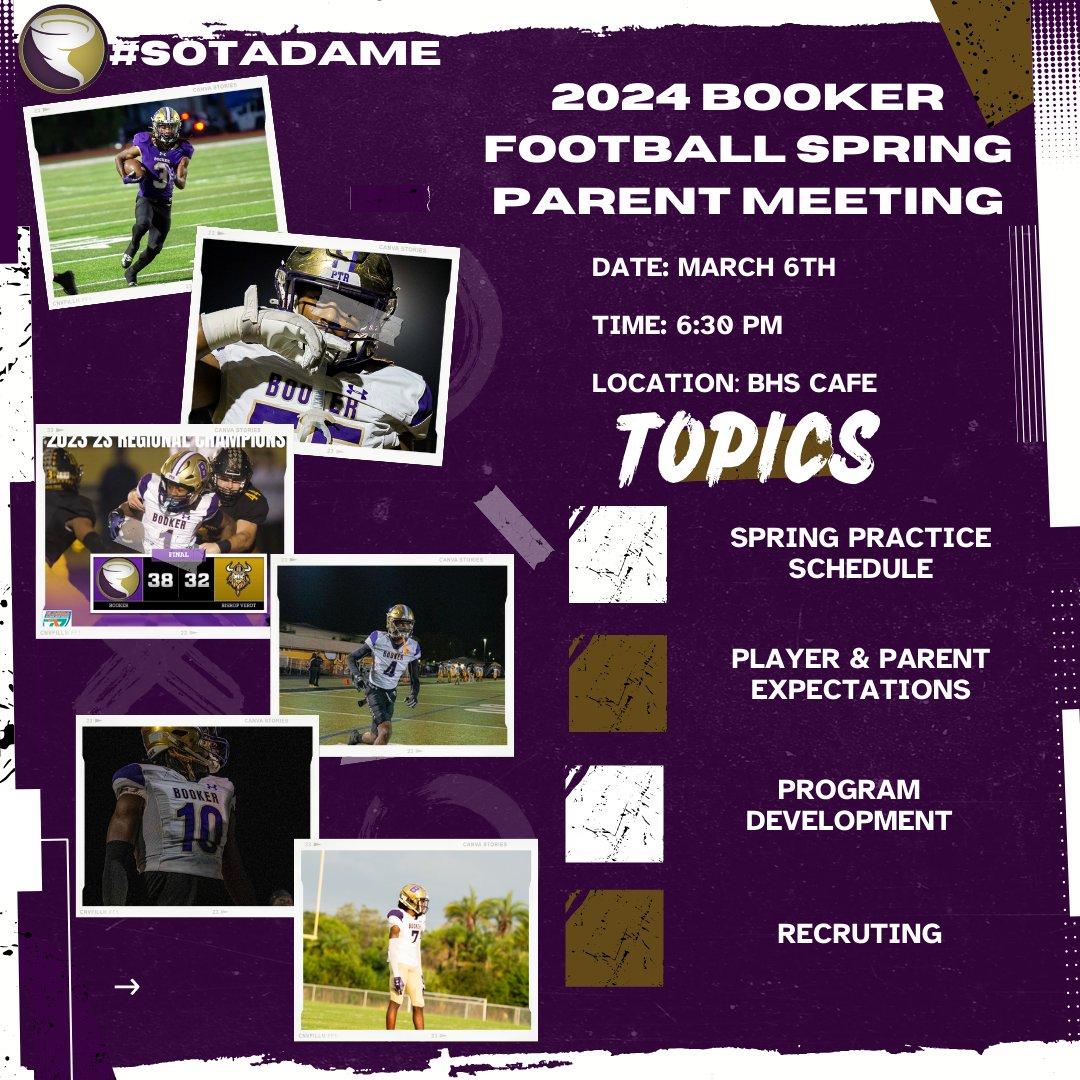 🚨Booker Football will host a parent meeting &amp; information night on March 6th at 6:30PM. This meeting is for ALL returning Booker High School players as well as all BHS ZONED incoming 9th graders. If approved for SCHOOL or ATHLETIC choice you may attend as well! #SotaDame