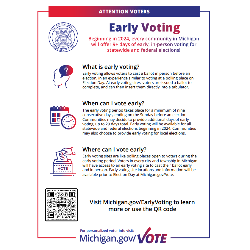 MichSoS's tweet photo. Early voting continues across Michigan through Sunday, Feb. 25 for the Presidential Primary (Feb. 27). Learn more and find your voting site at https://t.co/rpRLeNzkUJ.

Flyer: https://t.co/xJo6rtg9bF https://t.co/kH7RlC9QoW