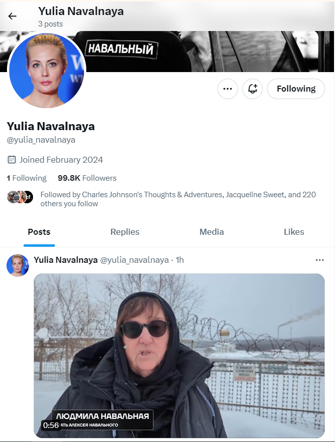 X appears to have now unsuspended the account of Yulia Navalnaya, Alexei Navalny's wife, having suspended it earlier today. Navalnaya's account was created yesterday. twitter.com/Yulia_Navalnaya