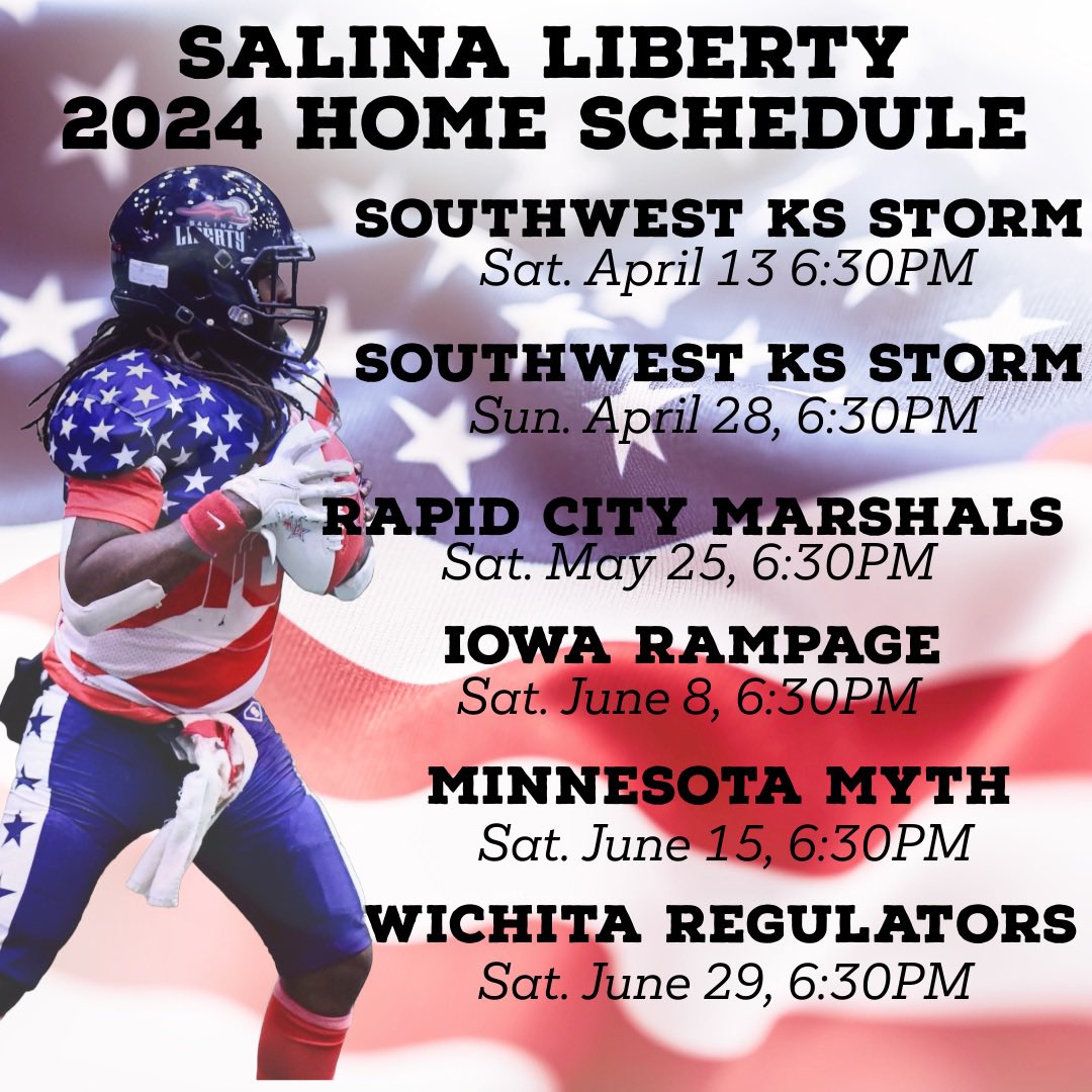 Change in the April 13 game. We are now scrimmaging against SW KS Storm. Tickets are $10.00 and can only be purchased through Tony’s Pizza Event Center. 
For me information go to salinaliberty.com
<a href="/OfficialAFL/">Arena Football One</a> <a href="/reboundnet/">Rebound Off the Net</a>