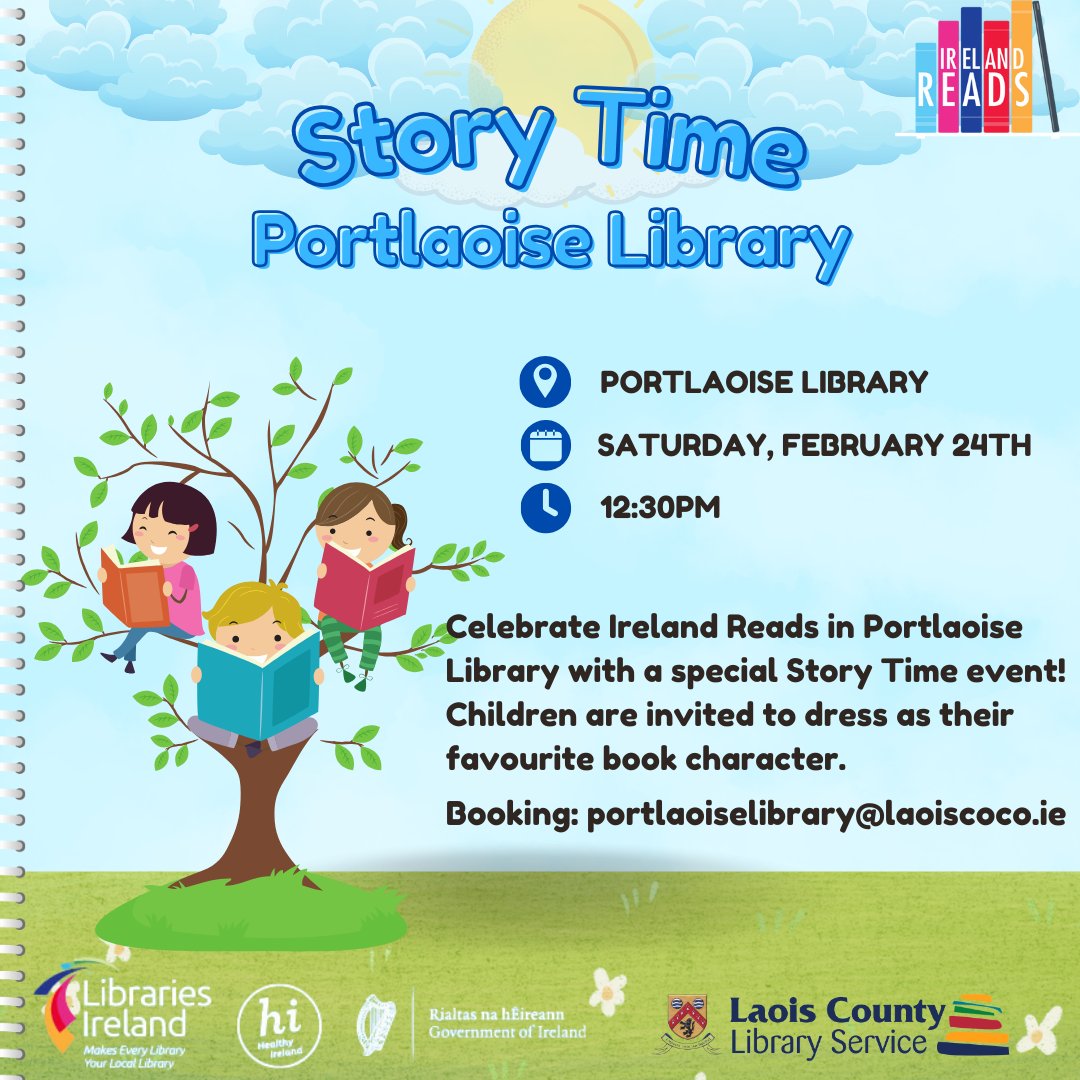 Laois Libraries (@laoislibraries) on Twitter photo Celebrate Ireland Reads at Portlaoise Library with a special Story Time event! 📚🎉Dress up as your beloved book character and join us this Saturday, Feb 24th at 12:30pm!🧚♂️👸
Email portlaoiselibrary@laoiscoco.ie to register!
#IrelandReads #GetLost <a href="/LibrariesIre/">Libraries Ireland</a> Celebrate Ireland Reads at Portlaoise Library with a special Story Time event! 📚🎉Dress up as your beloved book character and join us this Saturday, Feb 24th at 12:30pm!🧚♂️👸
Email portlaoiselibrary@laoiscoco.ie to register!
#IrelandReads #GetLost <a href="/LibrariesIre/">Libraries Ireland</a>