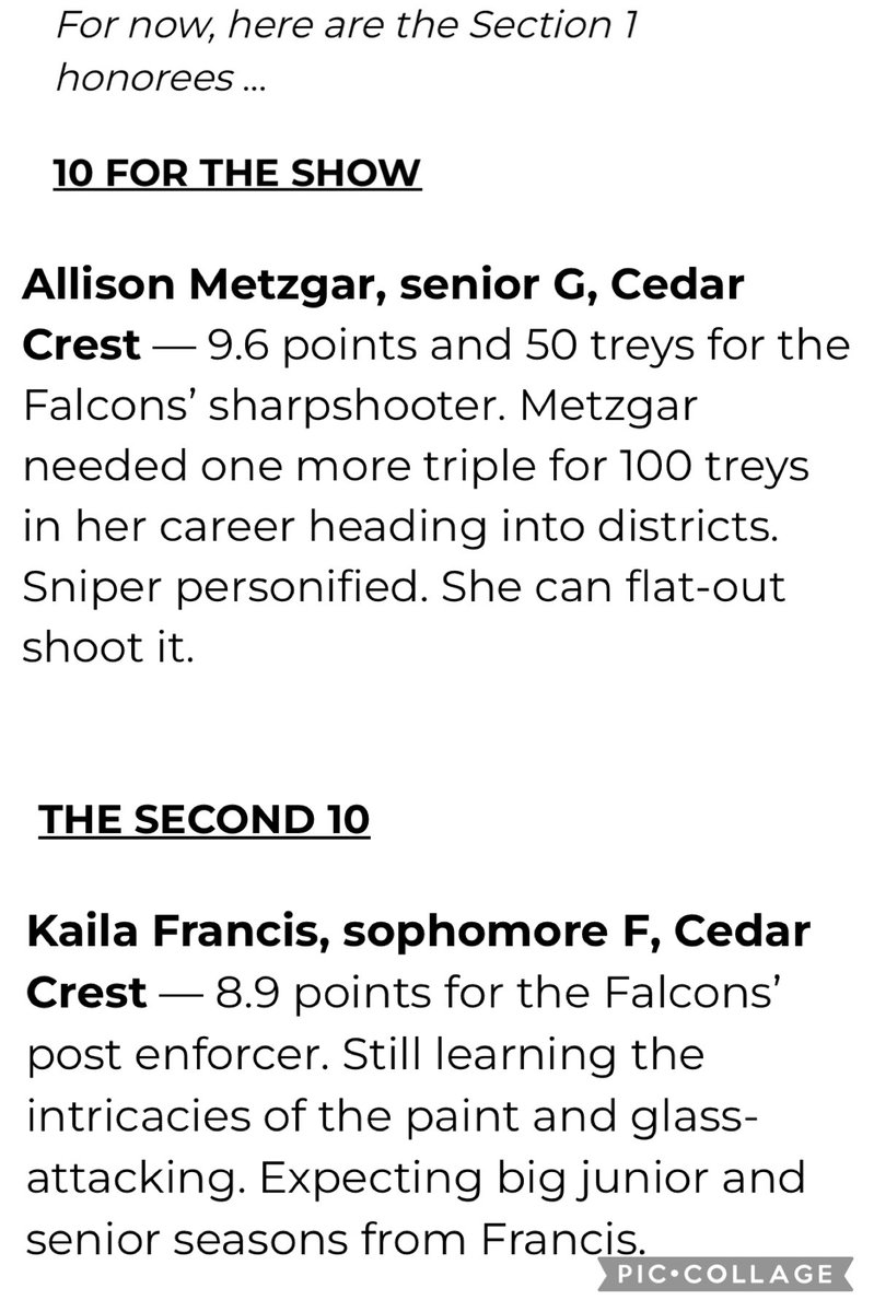 CCHS Girls Basketball Parent Club (@crestgirlshoops) on Twitter photo Congratulations to Lady Falcons <a href="/allison_metzgar/">Allison Metzgar</a> and <a href="/kailafrancis_/">Kaila Francis</a>
with a LNP Section One basketball award ππππ
<a href="/CLSD_Schools/">Cornwall-Lebanon SD</a> <a href="/CCHSFalcons/">Cedar Crest Athletics</a> Congratulations to Lady Falcons <a href="/allison_metzgar/">Allison Metzgar</a> and <a href="/kailafrancis_/">Kaila Francis</a>
with a LNP Section One basketball award ππππ
<a href="/CLSD_Schools/">Cornwall-Lebanon SD</a> <a href="/CCHSFalcons/">Cedar Crest Athletics</a>